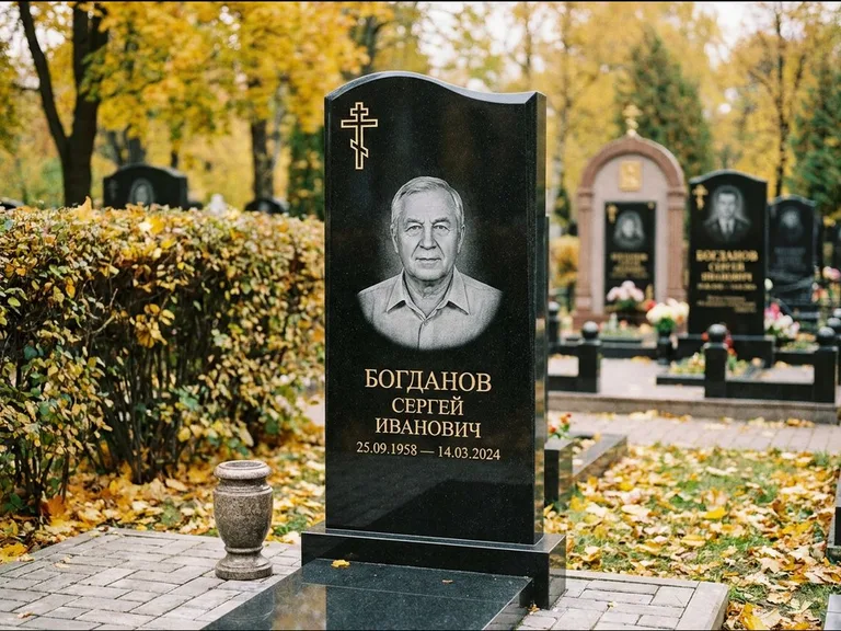 Памятник из чёрного гранита — стела с цветником с процветшим крестом с виноградной лозой, работа «Журавлёв» в Саратове