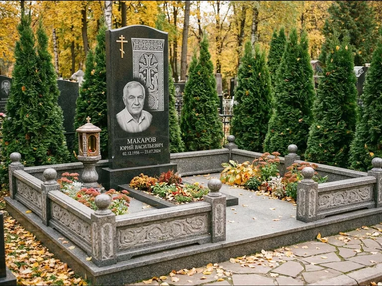Памятник из чёрного гранита — стела с крестом и лампадой с армянским хачкаром, работа «Гущин» в Саратове
