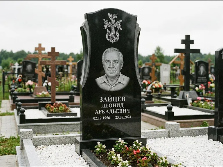Памятник из чёрного гранита — семейная стела на двоих с армянским хачкаром, работа «Журавлёв» в Саратове