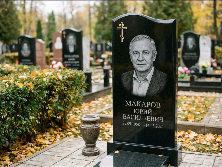 Памятник из чёрного гранита — фигурная стела с киот-нишей с процветшим крестом с виноградной лозой, работа «Богданов» в Саратове