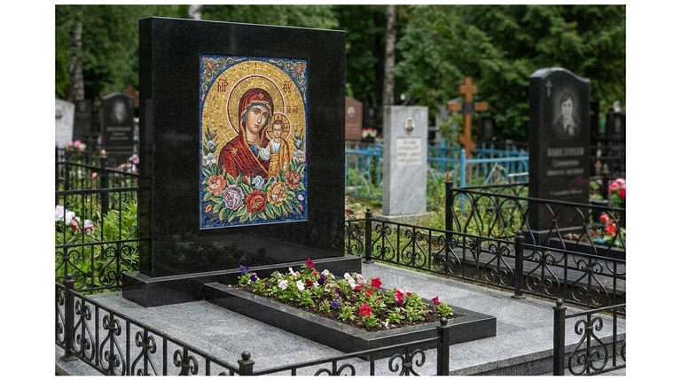 Мозаика на памятник в Саратове — цветное панно из смальты на чёрной гранитной стеле