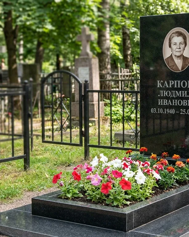 Памятник под ключ с низкой оградой и цветником в Саратове