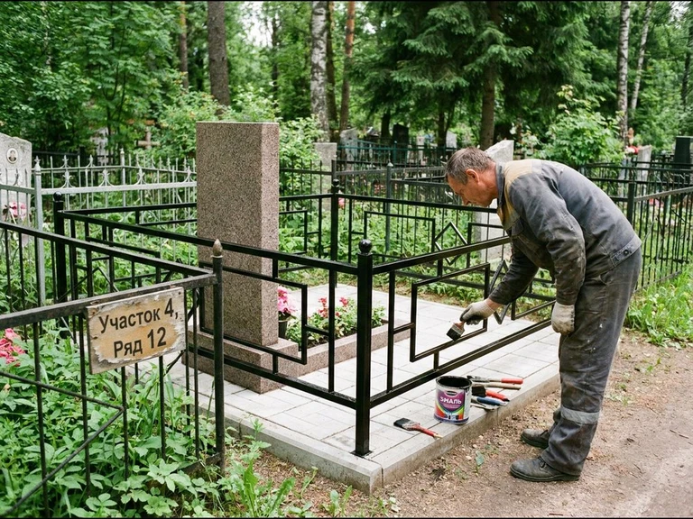 Покраска оградки на кладбище в Саратове — мастер красит металлическую ограду на могиле чёрной эмалью