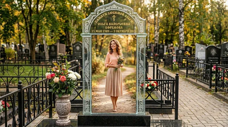 Портрет на стекле в форме арки на памятнике в Саратове
