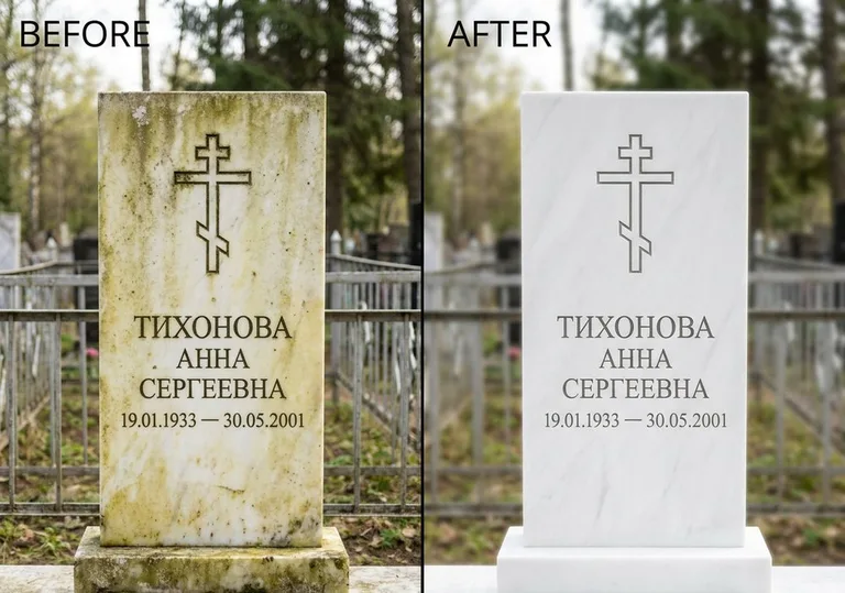 Восстановление мраморного надгробия от желтизны: до и после в Саратове
