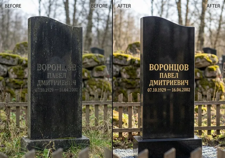 Золочение и обновление надписей на памятнике: до и после в Саратове