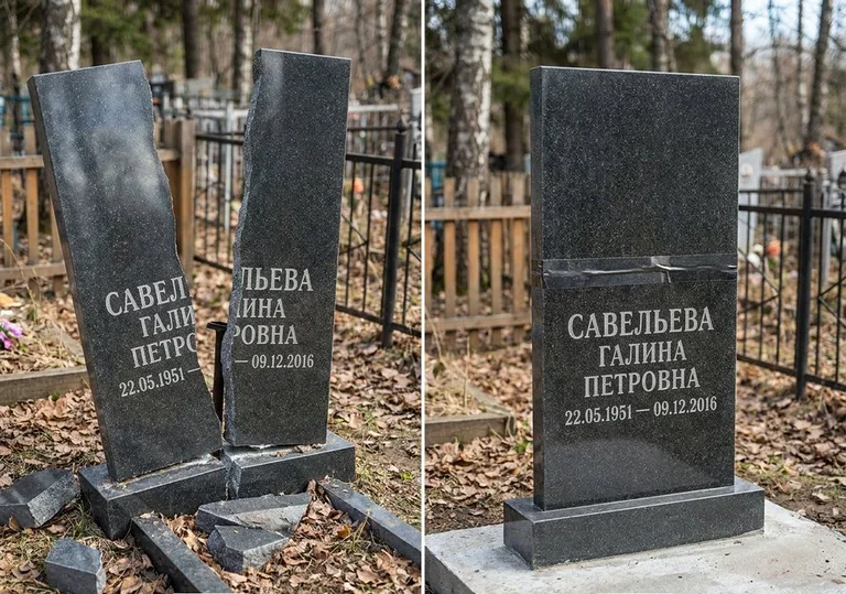 Склейка расколотого гранитного памятника: до и после в Саратове