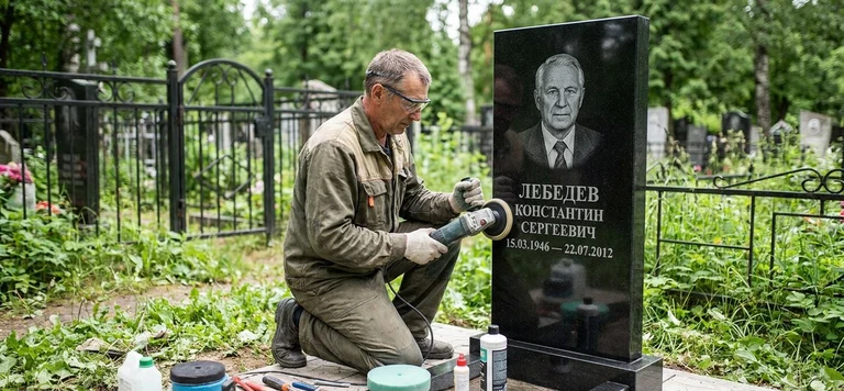 Реставрация памятника в Саратове — восстановление гранита, заделка трещин и обновление надписей на кладбище