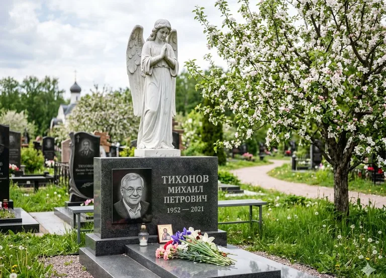 Мраморный молящийся ангел на гранитном памятнике весной в Саратове