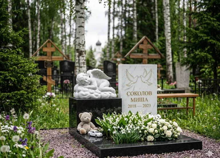 Белый ангелочек на детском памятнике в Саратове