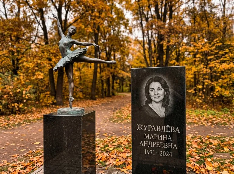 Бронзовая балерина на постаменте рядом со стелой осенью в Саратове