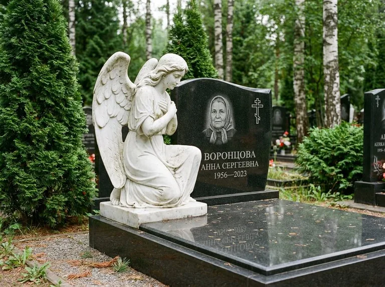 Белый мраморный ангел на гранитном памятнике в Саратове