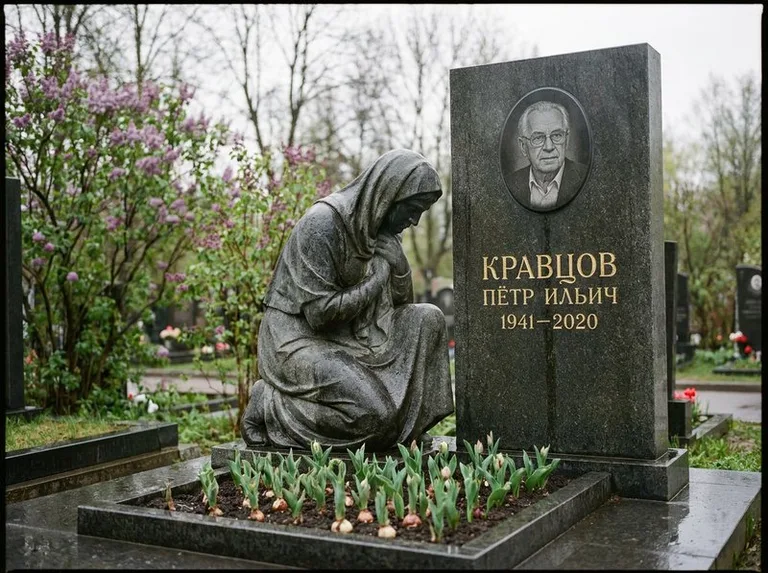 Гранитная скорбящая фигура у стелы на кладбище в Саратове