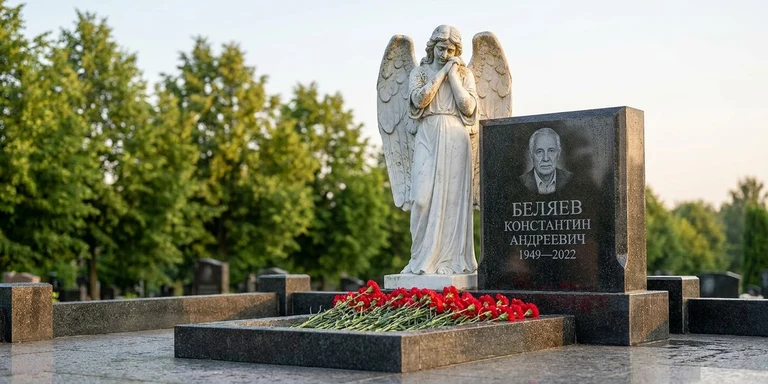 Скульптура на памятник в Саратове — мраморный ангел на гранитном мемориале
