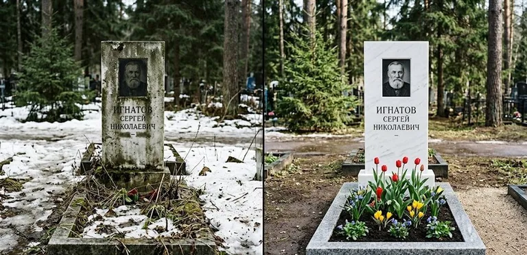 Диптих №6: высадка хризантем у подножия серого гранита — до и после уборки в Саратове
