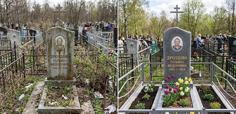 Диптих №4: свежепокрашенная серебром оградка и отмытый красный гранит — до и после в Саратове