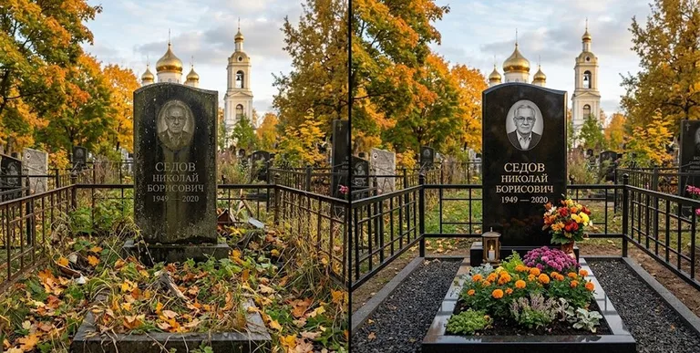 Уборка могилы до и после осенью — у церкви в Саратове