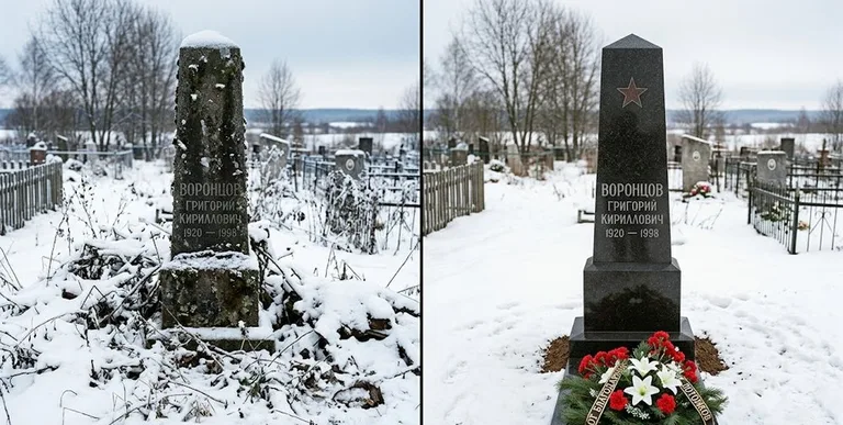 Уборка могилы до и после зимой — воинский обелиск в Саратове