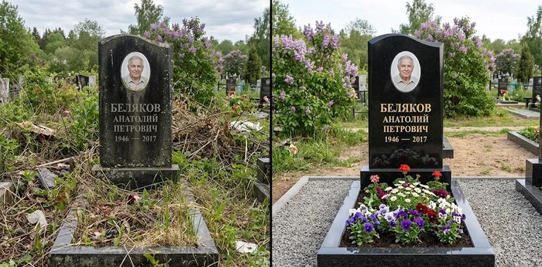 Уборка могилы до и после весной — цветущая сирень в Саратове
