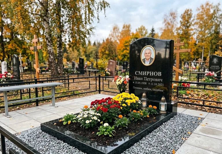 Ухоженная могила после уборки и мойки памятника в Саратове