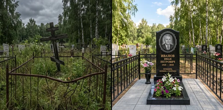 Благоустройство могилы до и после установки памятника в Саратове
