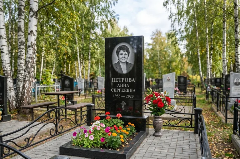 Гранитный памятник с цветником и плиткой в Саратове