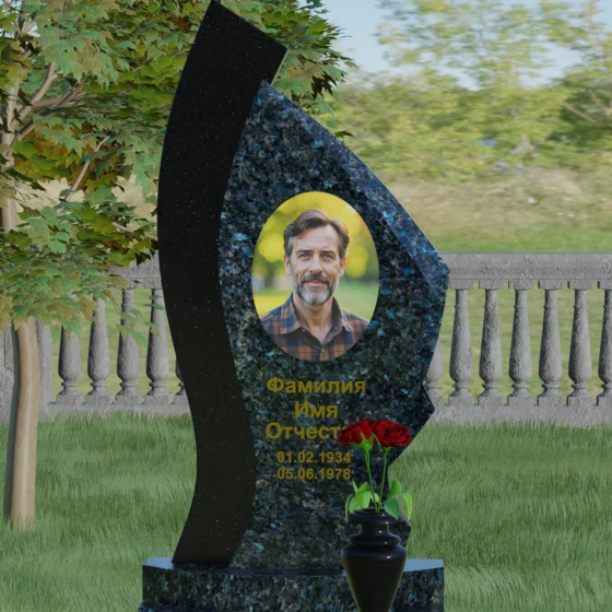 Комбинированный памятник с асимметричной стелой, гранит Блю Перл