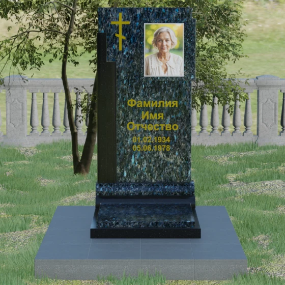 Православный вертикальный памятник с крестом в Перми, гранит Блю Перл, вид 2