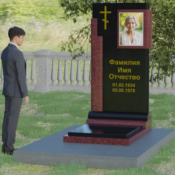 Православный вертикальный памятник с крестом в Перми, гранит Габбро-диабаз, вид 3
