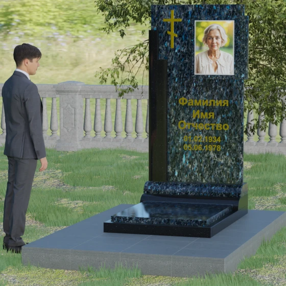 Православный вертикальный памятник с крестом в Перми, гранит Блю Перл, вид 3