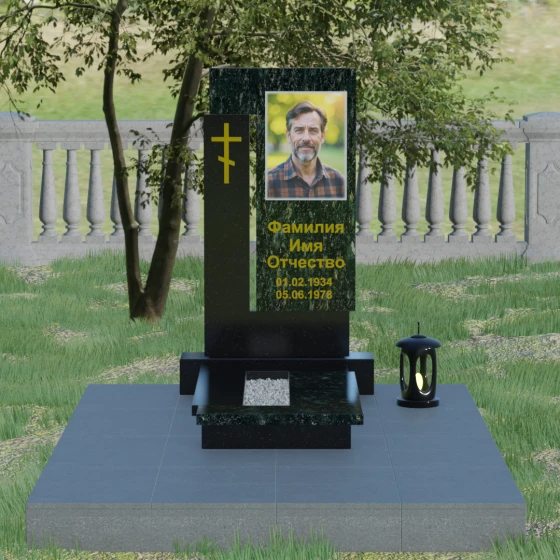 Православный памятник с крестом и мемориальным комплексом в Казани, гранит Балтик грин, вид 2