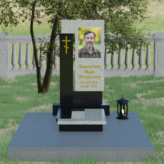 Православный памятник с крестом и мемориальным комплексом в Казани, гранит Мансуровский, вид 2