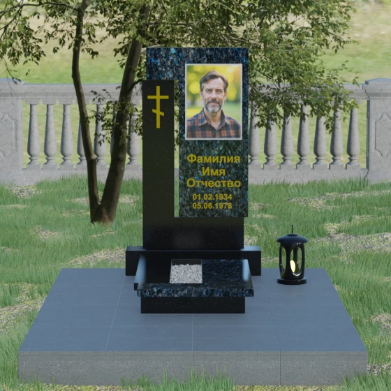 Православный памятник с крестом и мемориальным комплексом в Казани, гранит Блю Перл, вид 2