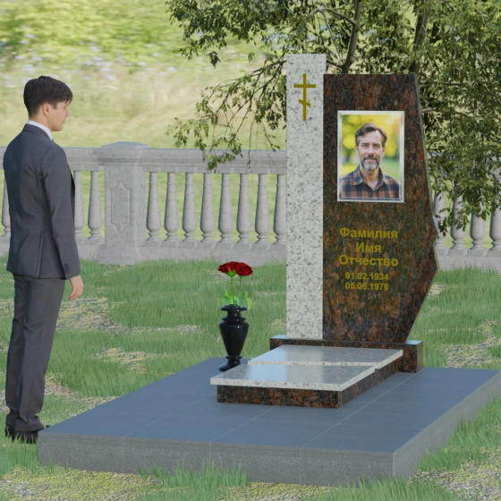Гранитный православный памятник с крестом в Перми, гранит Дымовский, вид 3