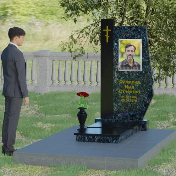 Гранитный православный памятник с крестом в Перми, гранит Блю Перл, вид 3
