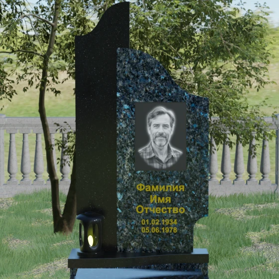 Комбинированный вертикальный памятник без креста в Ярославле, гранит Блю Перл
