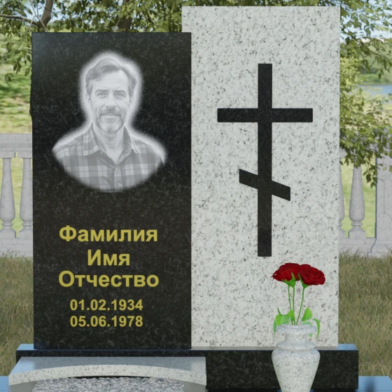 Вертикальный православный памятник с крестом в Перми, гранит Габбро-диабаз
