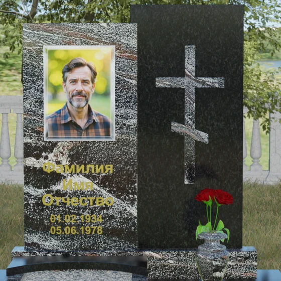 Вертикальный православный памятник с крестом в Перми, гранит амфиболит