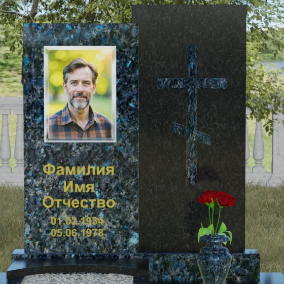 Вертикальный православный памятник с крестом в Перми, гранит Блю Перл