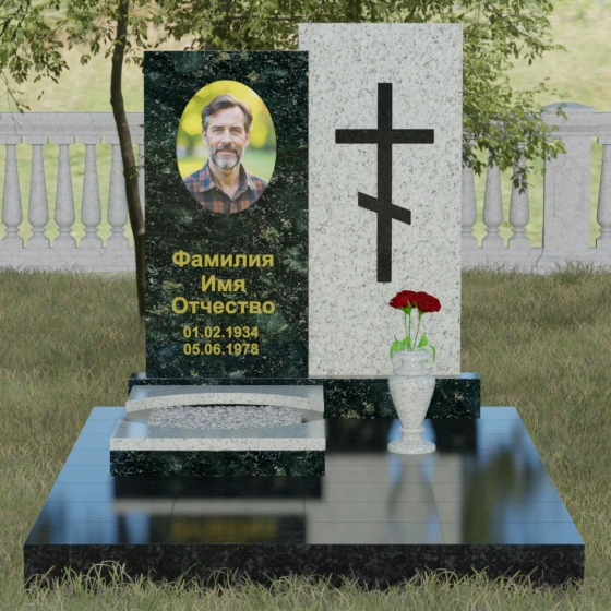 Вертикальный православный памятник с крестом в Перми, гранит Балтик грин, вид 2