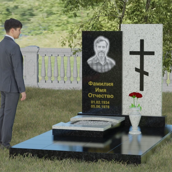 Вертикальный православный памятник с крестом в Перми, гранит Габбро-диабаз, вид 4