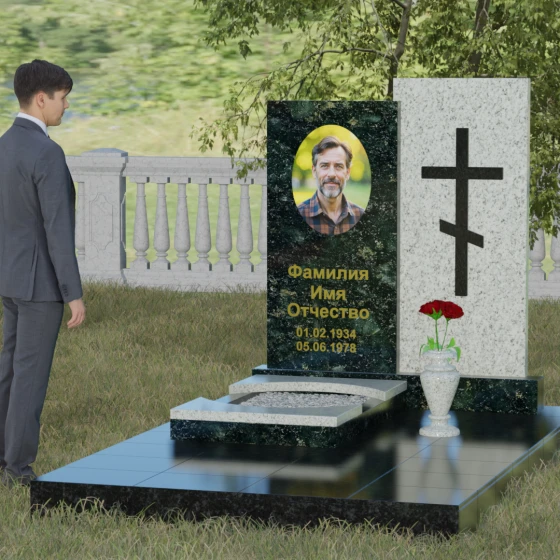 Вертикальный православный памятник с крестом в Перми, гранит Балтик грин, вид 4