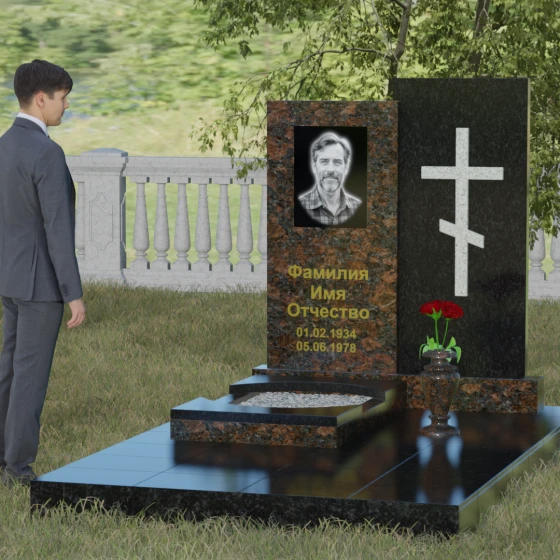 Вертикальный православный памятник с крестом в Перми, гранит Дымовский, вид 4
