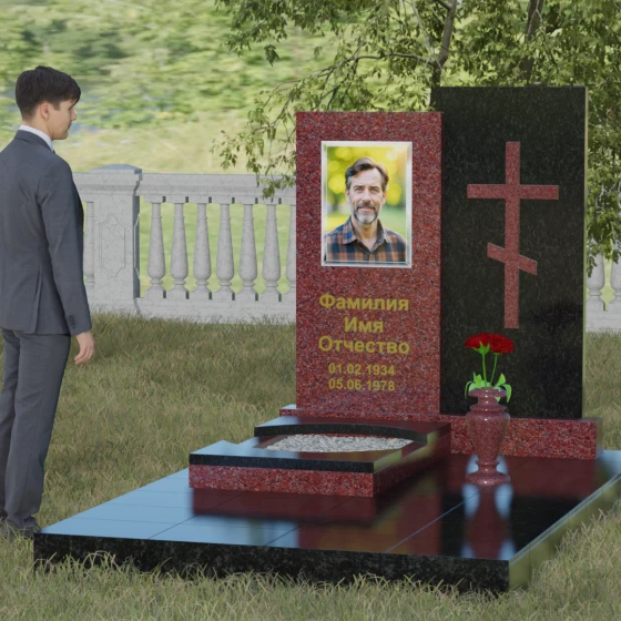 Вертикальный православный памятник с крестом в Перми, гранит Лезниковский, вид 4