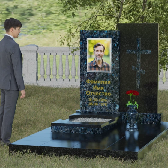 Вертикальный православный памятник с крестом в Перми, гранит Блю Перл, вид 4