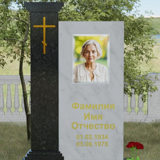 Гранитный православный памятник с крестом в Саратове, мрамор Тассос