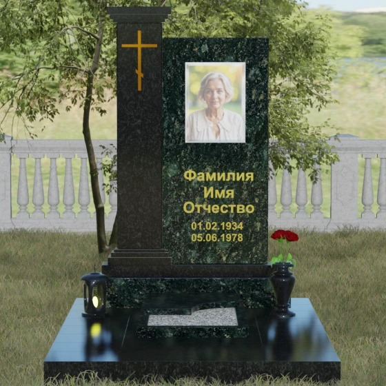 Гранитный православный памятник с крестом в Саратове, гранит Балтик грин, вид 2