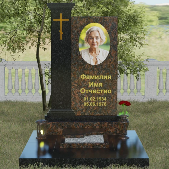 Гранитный православный памятник с крестом в Саратове, гранит Дымовский, вид 2