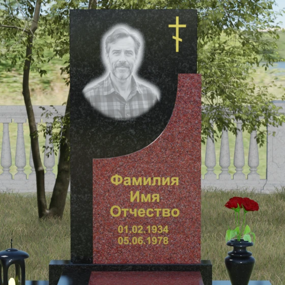 Вертикальный гранитный памятник с крестом в Перми, гранит Габбро-диабаз