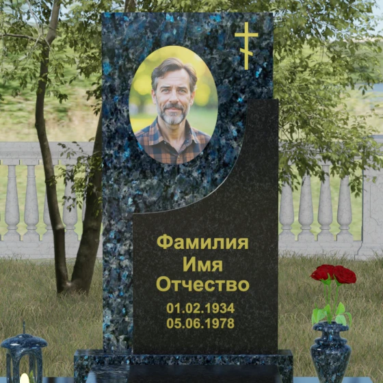 Вертикальный гранитный памятник с крестом в Перми, гранит Блю Перл